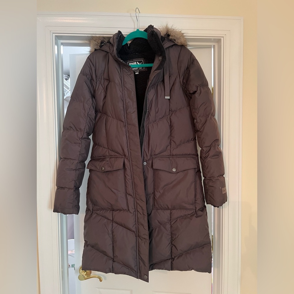 Eddie Bauer Women's Lodge Cascadian Down Hooded Parka Size TM Aubergine